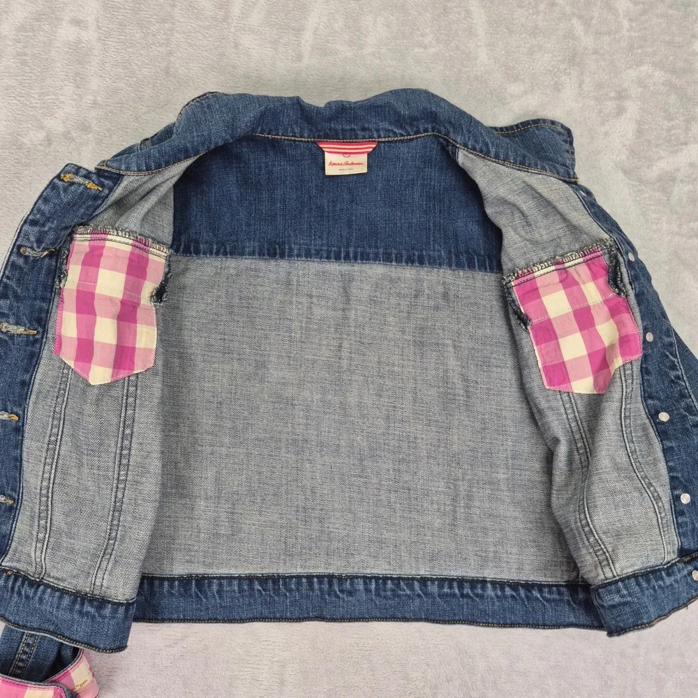 Hanna Andersson Girls Denim Jacket Blue Pink Gingham 160 XL 14 / 16 Youth Kids